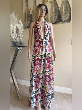 Floral Halter Maxi Dress in White and Burgundy